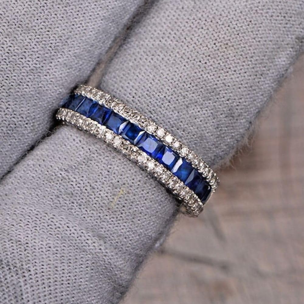 2 Ct Princess Cut Sapphire Diamond Three Row Full Eternity Band Gorgeous Engagement Ring For Women 14K White Gold Plated 925 Sterling Silver Handmade Ring Wedding Jewelry