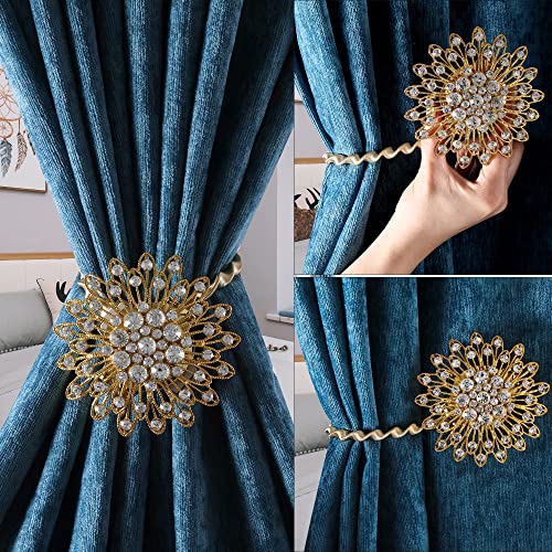 Furijing Magnetic Curtain Tiebacks Sparkling Flower Window Curtain Bind Holdback Buckles Clips Tie Backs Drapery Holders With Stretchable Spring Wire Rope For Decoration- Fwf003-Gold- 2 Pack #TOP4