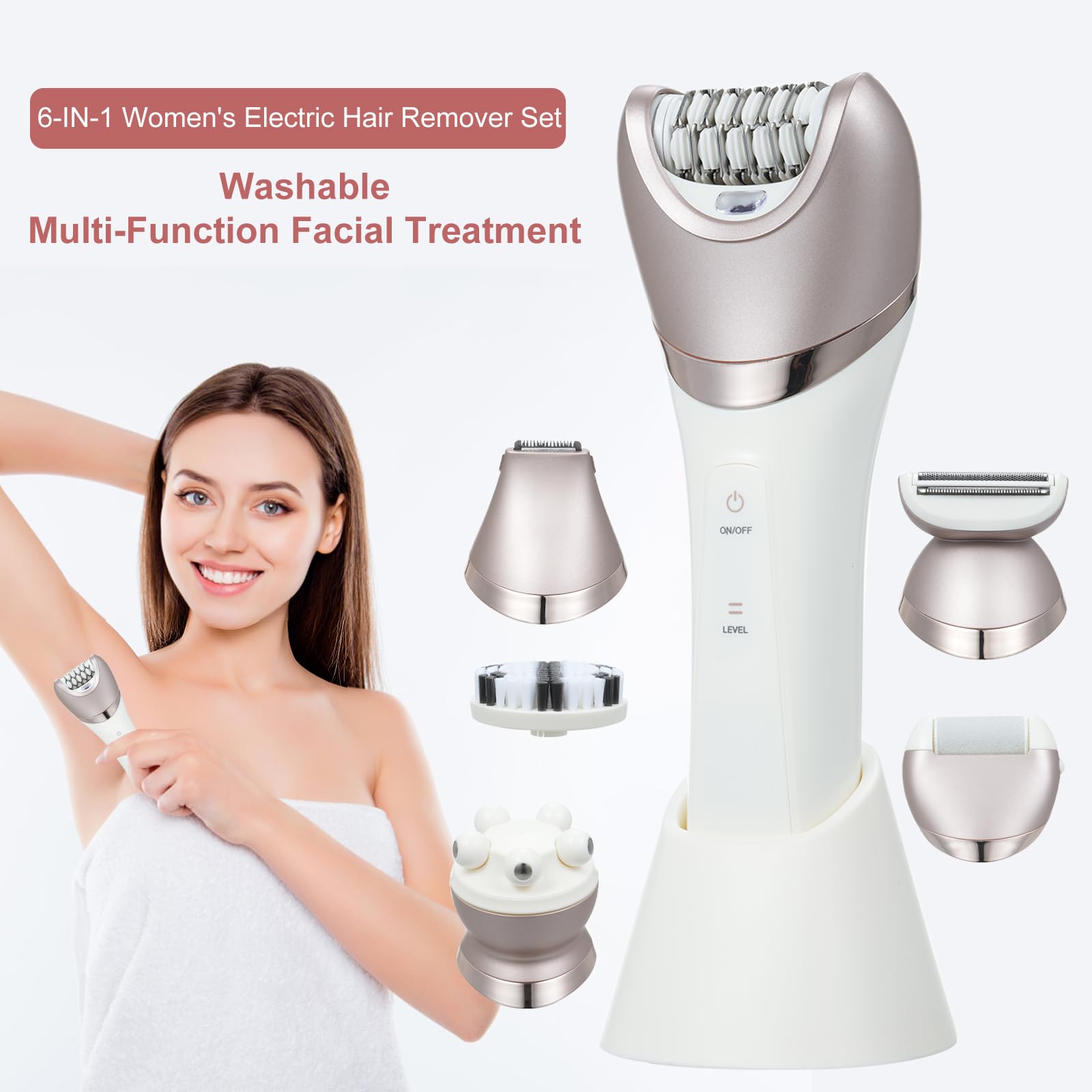 ACAGALA Depilador eléctrico 6 en 1 para mujer, depilación sin dolor en la cara, cuerpo y pies – Kit compacto con accesorios de precisión