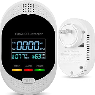 Plug in Carbon Monoxide Detector Combustible Gases Detectors,4-in-1 Co & Natural Gas Alarm Detectors with Temperature and Humidity Display,Clear LCD Screen Sound Light Dual Alarm for Home Travel RV