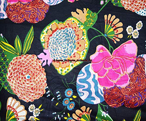 Image of Indian Hand-Block Printed Jaipuri Print Tropical Paisley Floral Ethnic Sanganer Kurti Print Cotton Fabric (Black Tropical, 20 Yards)