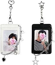 K-pop Photocard Holder Keychain with Metal Chain – 2 pcs Hard Protective Card Case with Heart & Star Clip Keychain, Decorative Charms for Toploader or Badge Black and White