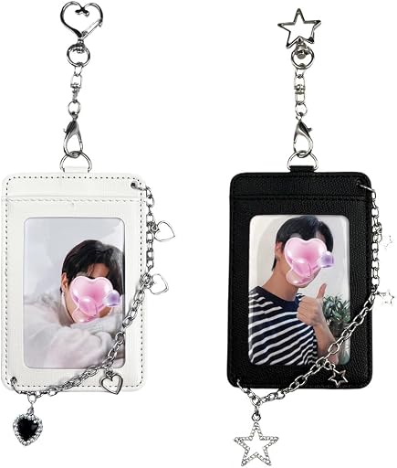 K-pop Photocard Holder Keychain with Metal Chain – 2 pcs Hard Protective Card Case with Heart & Star Clip Keychain, Decorative Charms for Toploader or Badge Black and White