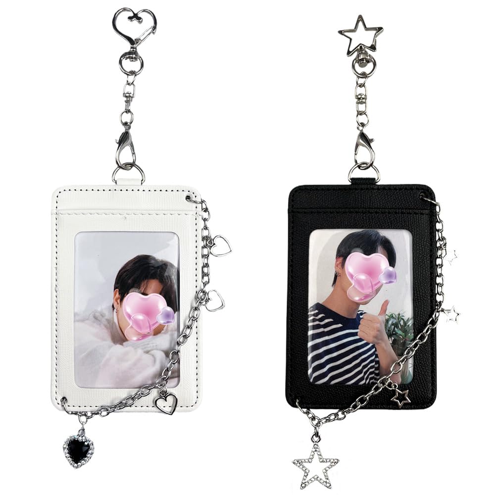 K-pop Photocard Holder Keychain with Metal Chain  2 pcs Hard Protective Card Case with Heart & Star Clip Keychain, Decorative Charms for Toploader or Badge Black and White