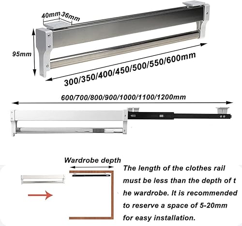 Miniatura 2 de FKhanger Barra extensible para armario de secado de ropa, BOD colgante de armario con riel deslizante,Riel de ropa ajustable para armario,Cromado