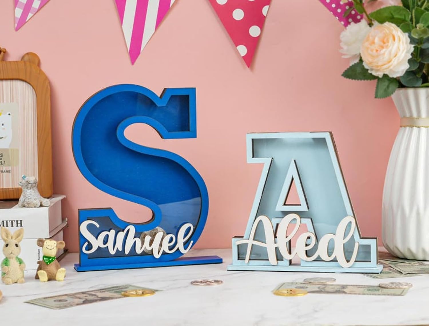 Personalized Large Wooden Kids Letter Piggy Bank Custom Name,Alphabet Money Bank,Personalized Initial Wood Coin Bank for Boys Girls Toddler,Baby Baptism,Christmas Birthday Gifts (25cm9.8) image 3