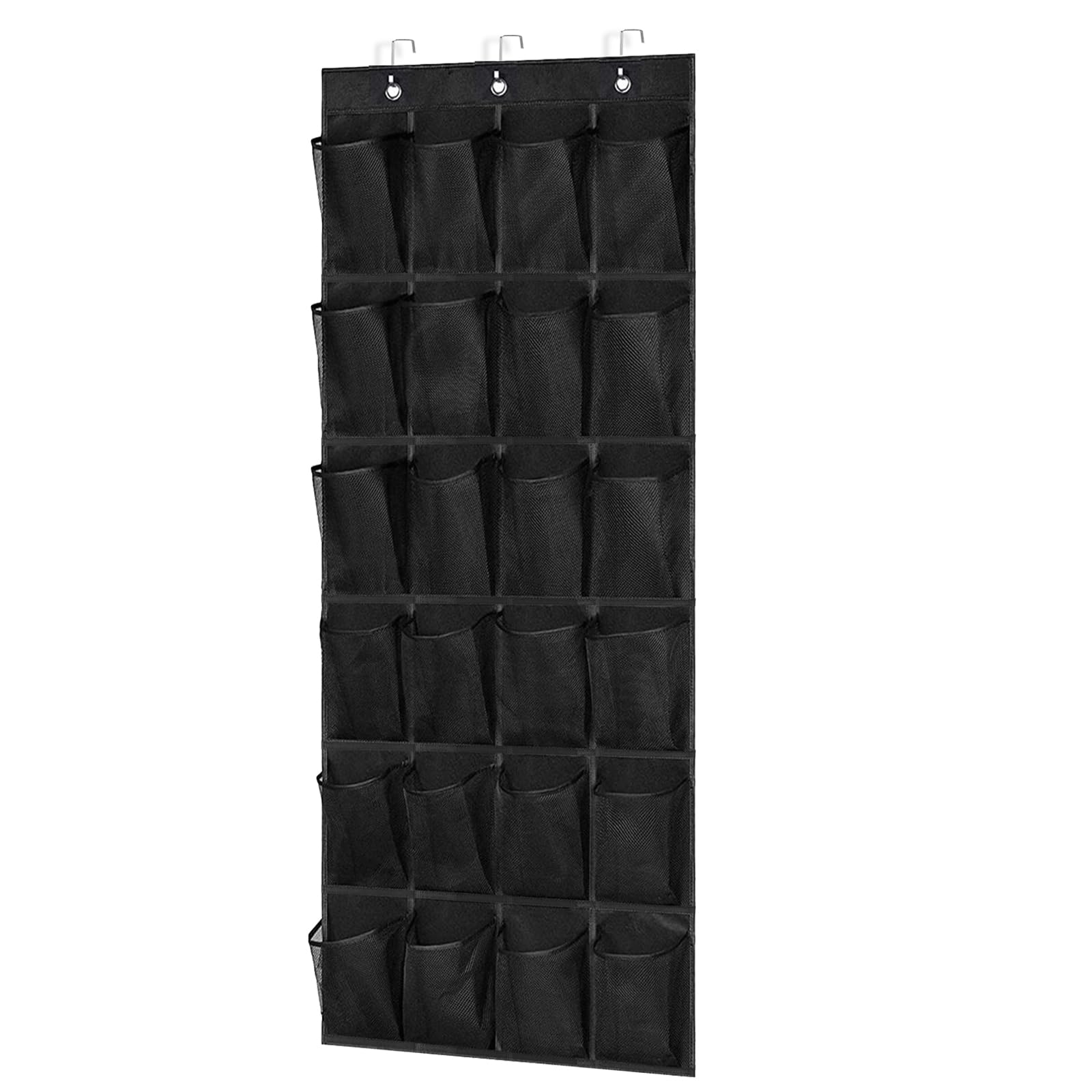 Succulent Over Door Shoe Rack, 24-Pocket Hanging Storage Organiser with 3 Hooks, Large Mesh Pockets for Shoes, Toys & Accessories, Space Saving Door Hanging Shelves (Black)