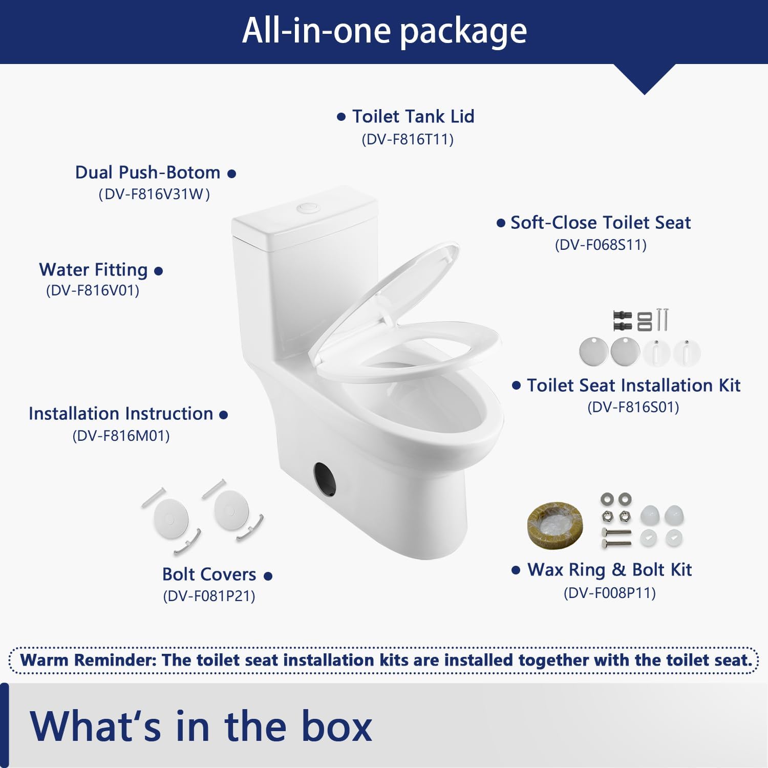 One Piece Toilets DeerValley 12" Rough-In Toilet for Bathroom 1.1/1.6 GPF Dual Flush Standard Bathroom Toilet with Soft-Closing and Quick-Release Seat White Push Bottom