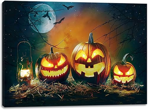 alottagifts Arte de pared iluminado de calabazas aterradoras de Halloween, 16 x 12 pulgadas con temporizador, lienzo LED de Halloween para