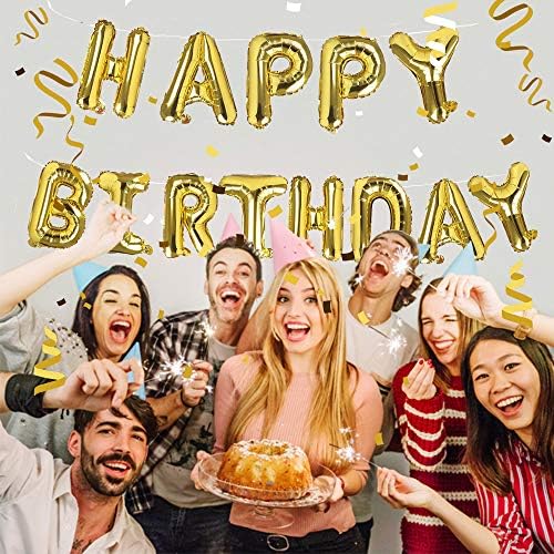 Happy Birthday Balloons Banner Gold, Self Inflating Happy Birthday Letters Balloon Banner Bunting, 16 inch Alphabet Foil Balloon with Straw & Ribbon for Girls Boys Birthday Decorations Party Supplies