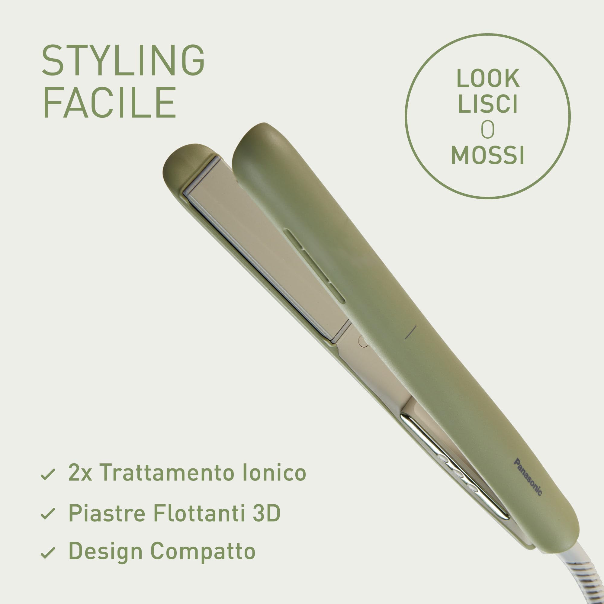 Panasonic EH-HV31-G503 Styler Ionico 2-in-1, Piastra e Arricciacapelli, 5 Temperature fino a 210°C, Piastre 3D, Blocco Viaggio, Tensione Automatica, Verde Matcha