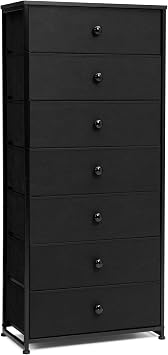 Fabric Dresser for Bedroom, Wide 7-Drawer Tall Vertical Tower Black | Wooden Top, Steel Frame, Easy Pull Bin,Organizer Unit for Living Room, Hallway, Entryway, Nursery, Closets