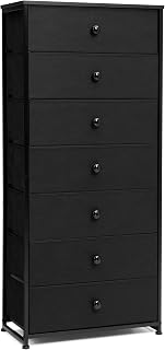 Fabric Dresser for Bedroom, Wide 7-Drawer Tall Vertical Tower (Black) | Wooden Top, Steel Frame, Easy Pull Bin,Organizer Unit for Living Room, Hallway, Entryway, Nursery, Closets