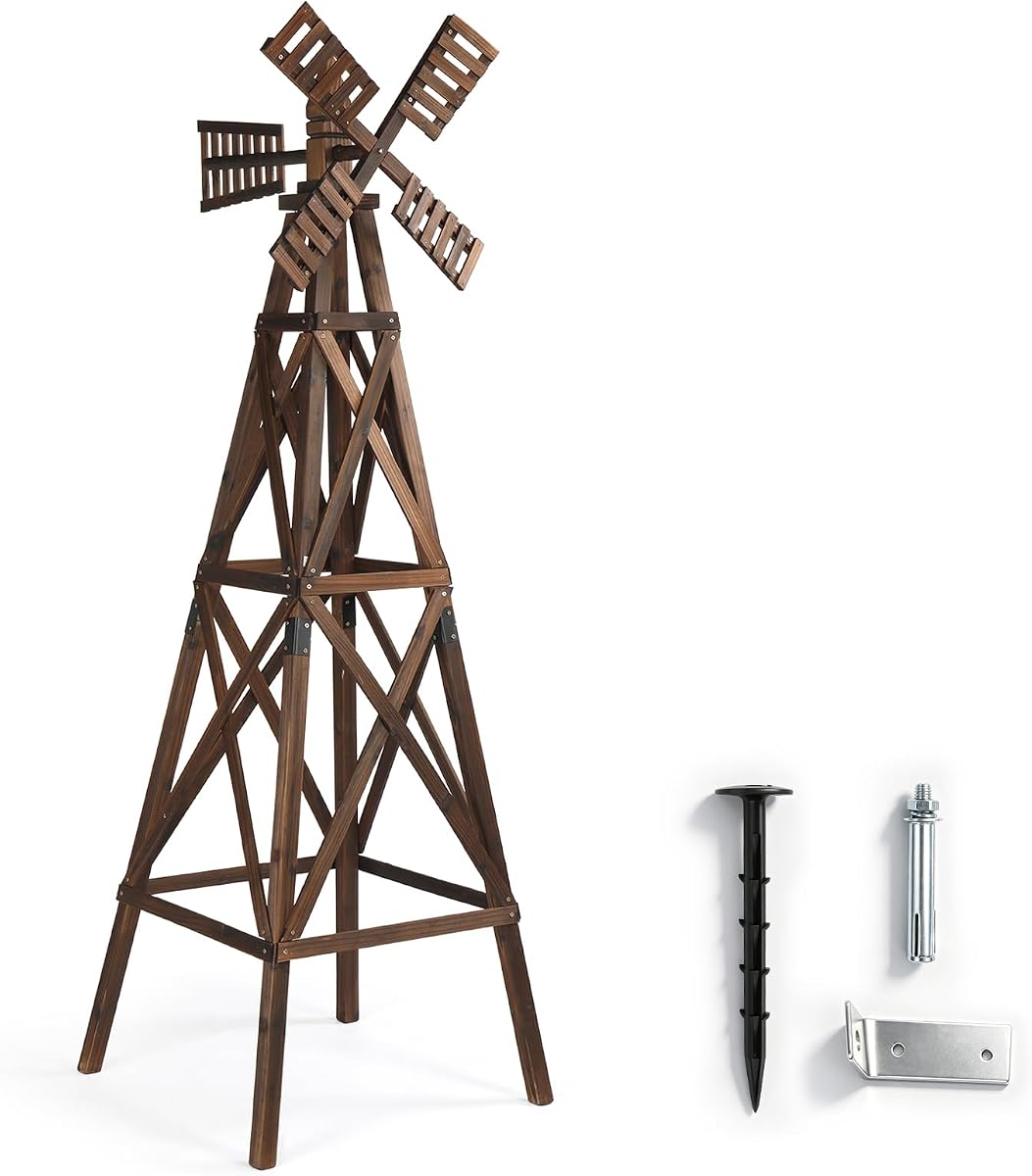 Molino de viento de madera mejorado con rodamiento y estaca, resistente molinillo de viento de madera con refuerzo cruzado para jardín, patio, césped (marrón carbonizado)
