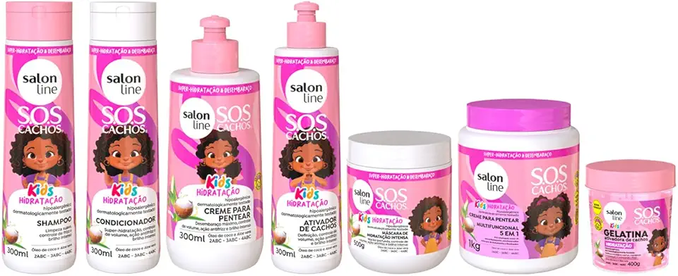 Salon Line, Kit Completo para os Cachos e Crespos dos Pequenos, S.O.S Cachos Kids, Hidratação, Vegano - Para Cabelos Ondulados, Cacheados e Crespos, 7 Unidades