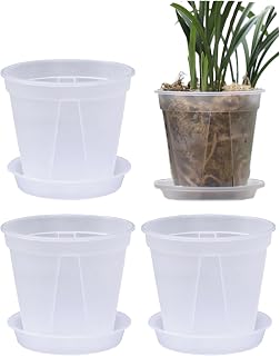 S.fields.inc 植木鉢 透明 プラスチック 底皿付き 4個セット 観葉植物 オーキッドポット スリット鉢 (4号)