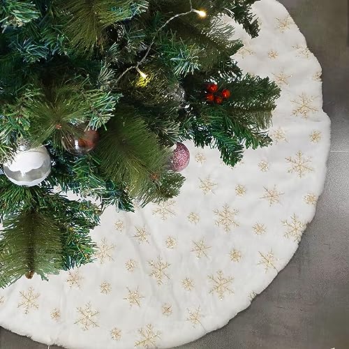 CHICHIC-48-Inch-Large-Christmas-Tree-Skirt-White-Tree-Skirt-Xmas-Faux-Fur-Tree-Skirts-Christmas-Decorations-for-Holiday-Tree-Ornaments-Christmas-Party-Home-Decorations-with-Sequin-Gold-Snowflakes CHICHIC 48 Inch Large Christmas Tree Skirt White Tree Skirt Xmas Faux Fur Tree Skirts Christmas Decorations for Holiday Tree Ornaments Christmas Party Home Decorations with Sequin Gold Snowflakes