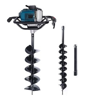 52cc Digger, 2-Stroke Single Cylinder Air-Cooled Gas Powered Engine Earth Auger Engine, Post Hole Digger Auger Post Hole Digger w/ 4", 8" Double Spiral Drills & 12" Extension Bar -Style 4