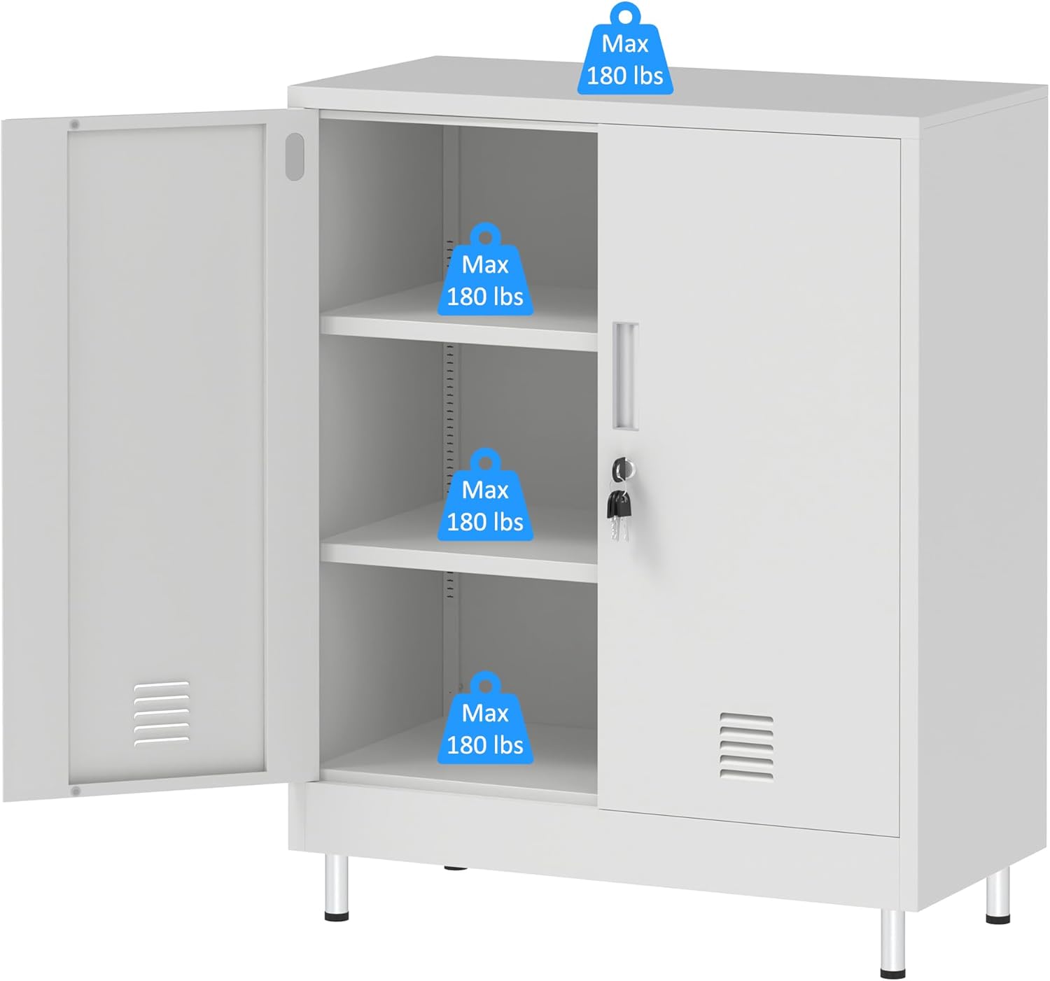 Metal Storage Cabinet with Locking Doors and 2 Adjustable Shelves, Lockable Storage Cabinet for Home Office Garage Pantry Living Room (White)
