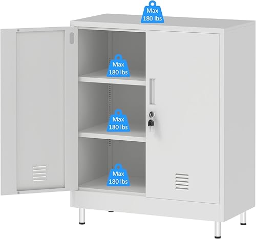 Miniatura 6 de Armario de almacenamiento de metal con puertas de bloqueo y 2 estantes ajustables, armario de almacenamiento con cerradura para oficina en casa,