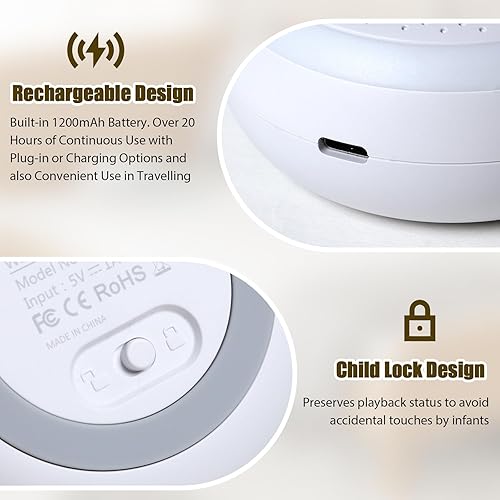 Miniatura 6 de FlashNova Máquina de sonido con luz nocturna  Máquina de ruido blanco, 20 pistas calmantes, canciones de cuna y sonidos de lluvia, recargable por