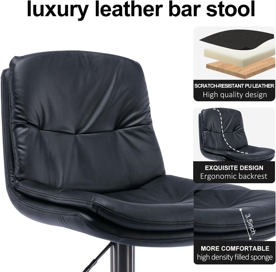 RAINMOOD Bar Stool,Stainless Steel Swivel Barstools,Faux Leather Double-Layer Upholstered Counter Height Bar Stool,Height Adjustable Armless Bar Chair with Back and Footrest for Kitchen Island