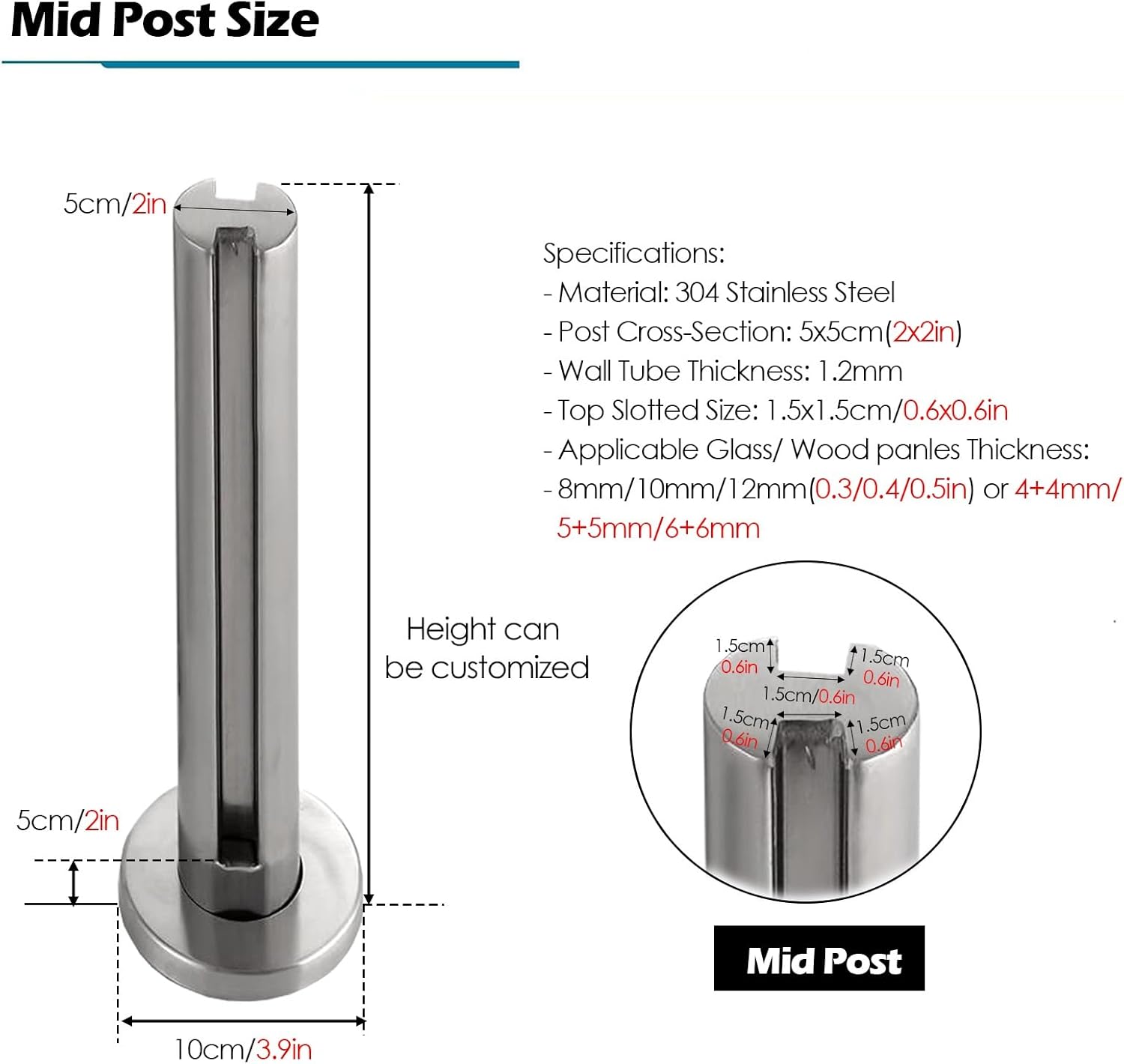 Stainless Steel Glass Railing Post, Heavy Duty Round Balustrade with 120CM Height, Durable Silver Mid Post for Glass Panel Railing, Outdoor & Indoor Use