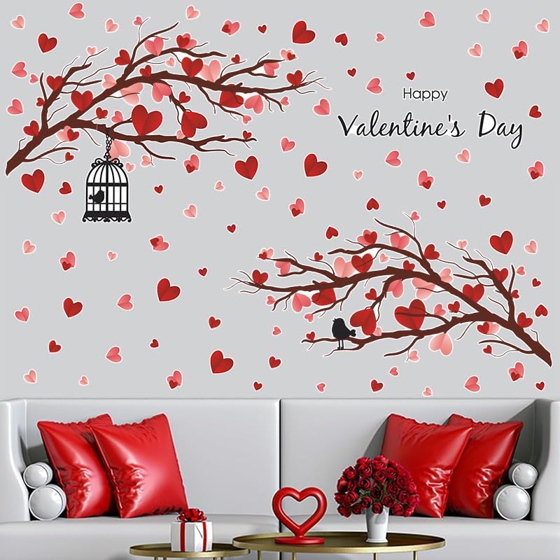Miniatura 6 de 2 hojas de calcomanías de pared para el día de San Valentín, diseño de corazón de amor, árbol de corazón rosa, decoración del hogar, dormitorio,