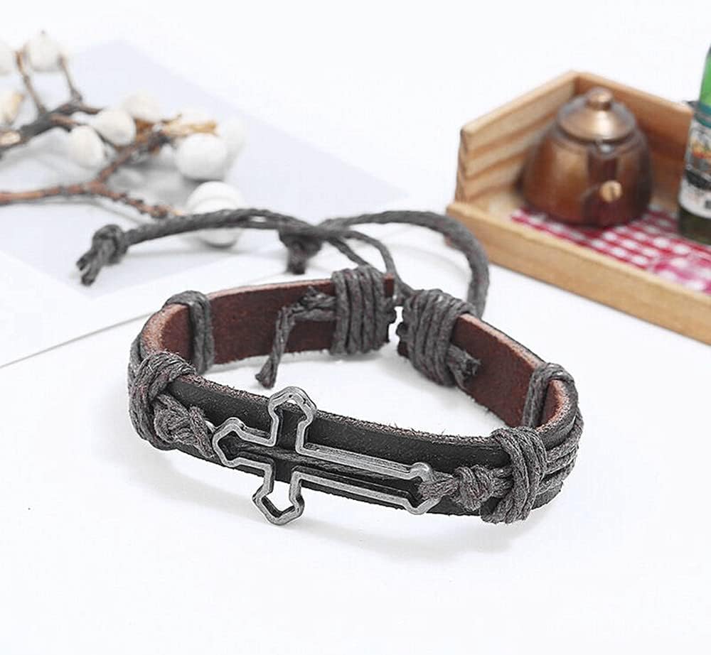 Vintage Genuine Leather Cross Shape Mens Bracelet Black Womens Gift