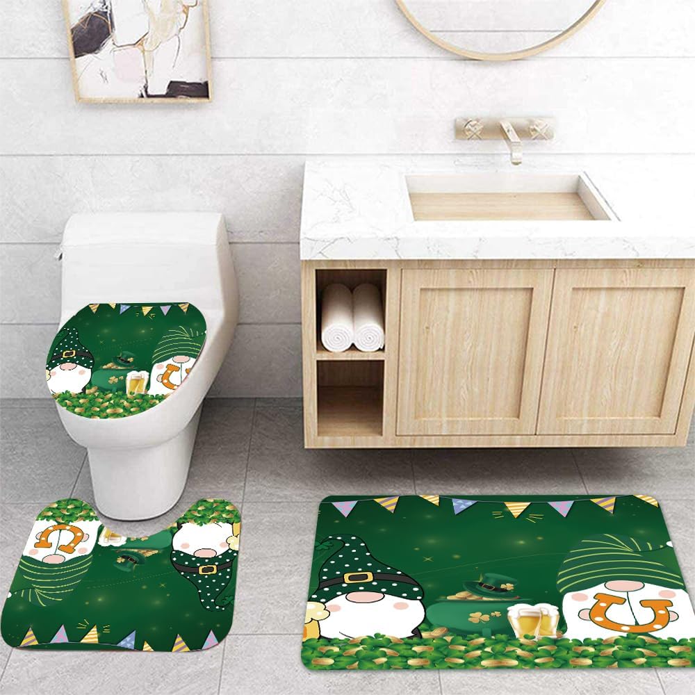 4pcs St. Patrick's Day Shower Curtain Set with Non-Slip Rugs Toilet Lid Cover and Bath Mat Shamrock Bathroom Shower Curtain Set Irish Lucky Clover Green Set for Bathroom Decor (Green)
