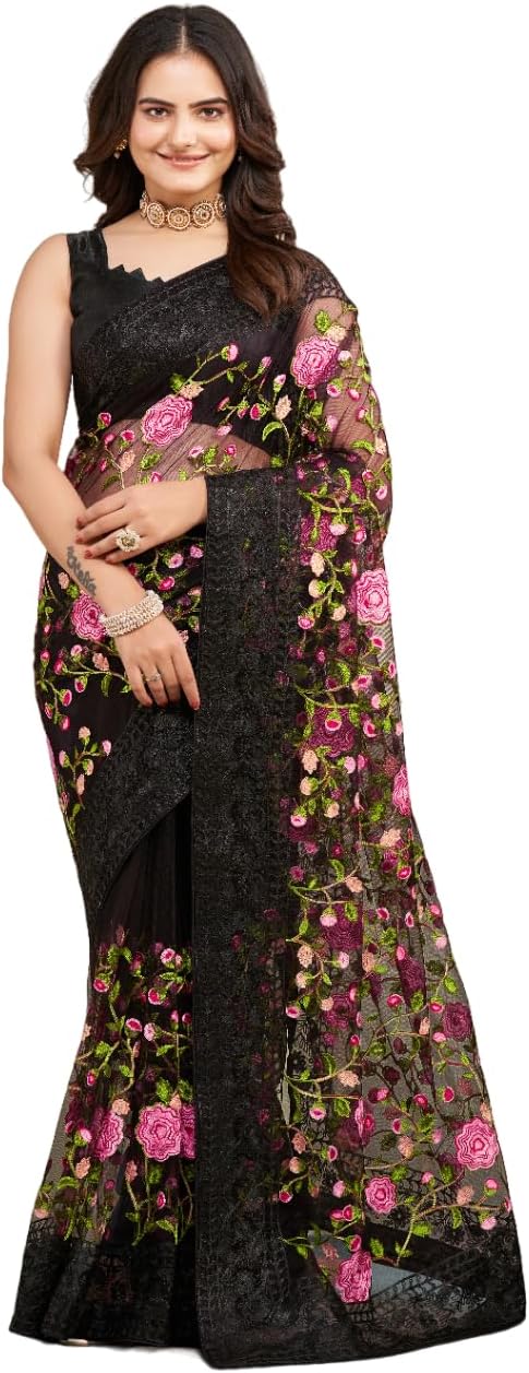 VAIRAGEEWomen's Beautiful Soft Net Embroidery Saree With Unstitched Blouse 6079