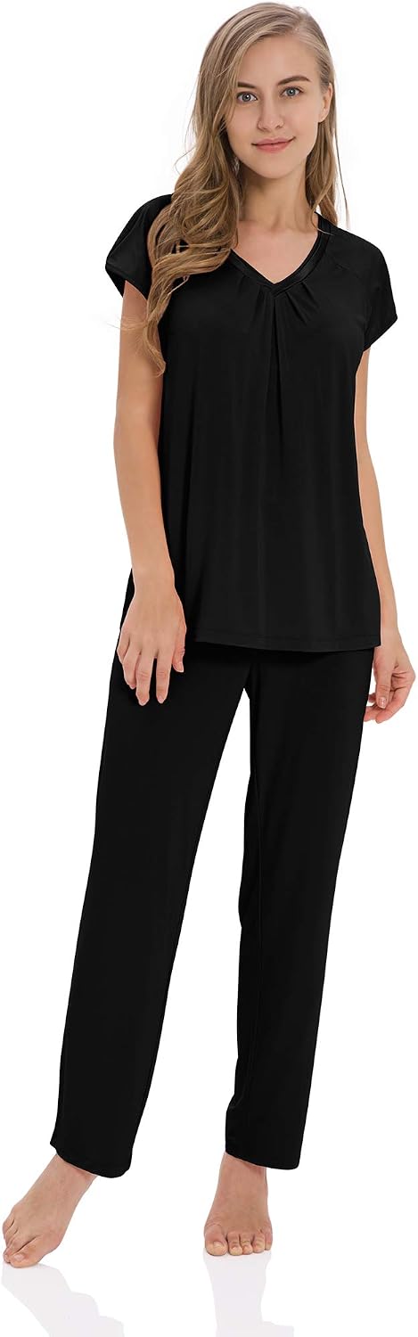 GYS Pajamas Set for Women Soft Sleepwear Short Sleeve Top with Pants Stretchy Pj Lounge Sets