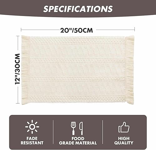 Miniatura 5 de ZeeMart Juego de 4 manteles individuales estilo macramé boho, manteles individuales decorativos naturales de algodón de estilo granja color marfil