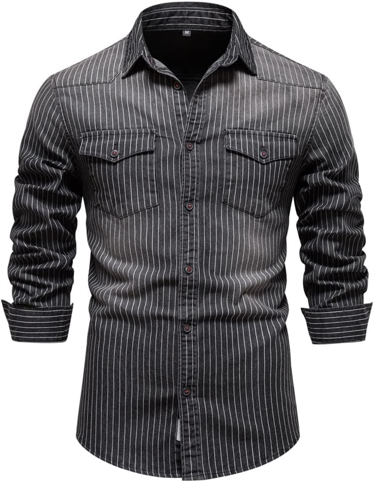 YMGSCC(君を愛してる) コットン メンズ デニムシャツ ストライプ ストレッチ 長袖 デニムシャツ メンズ カジュアル スリム