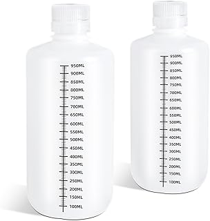 DEMORA 32oz Plastic Bottles with Airtight Caps for Liquids, Graduated Food Grade Plastic Containers, HDPE Thick Liquid Containers for Water Sample Medicine Laboratory Reagent (Translucent, 2 Pcs)