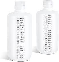 DEMORA 32oz Plastic Bottles with Airtight Caps for Liquids, Graduated Food Grade Plastic Containers, HDPE Thick Liquid Containers for Water Sample Medicine Laboratory Reagent (Translucent, 2 Pcs)
