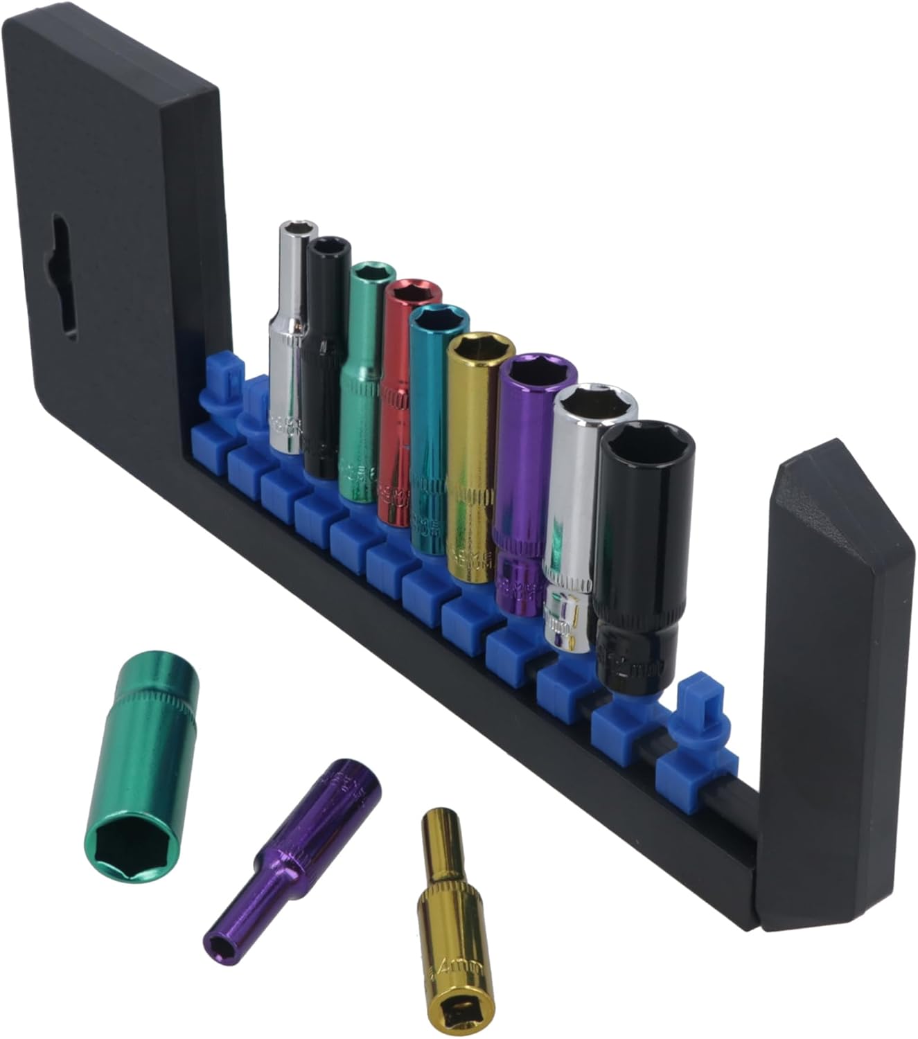 12pc Coloured 1/4" Dr Deep Sockets 6 Point Hex Metric 4-13mm With Rail