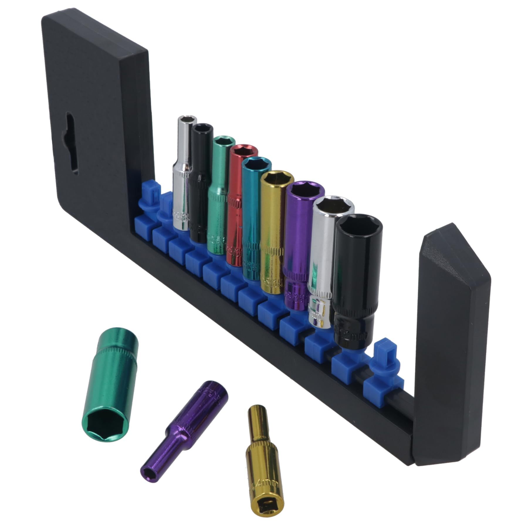 12pc Coloured 1/4" Dr Deep Sockets 6 Point Hex Metric 4-13mm with Rail