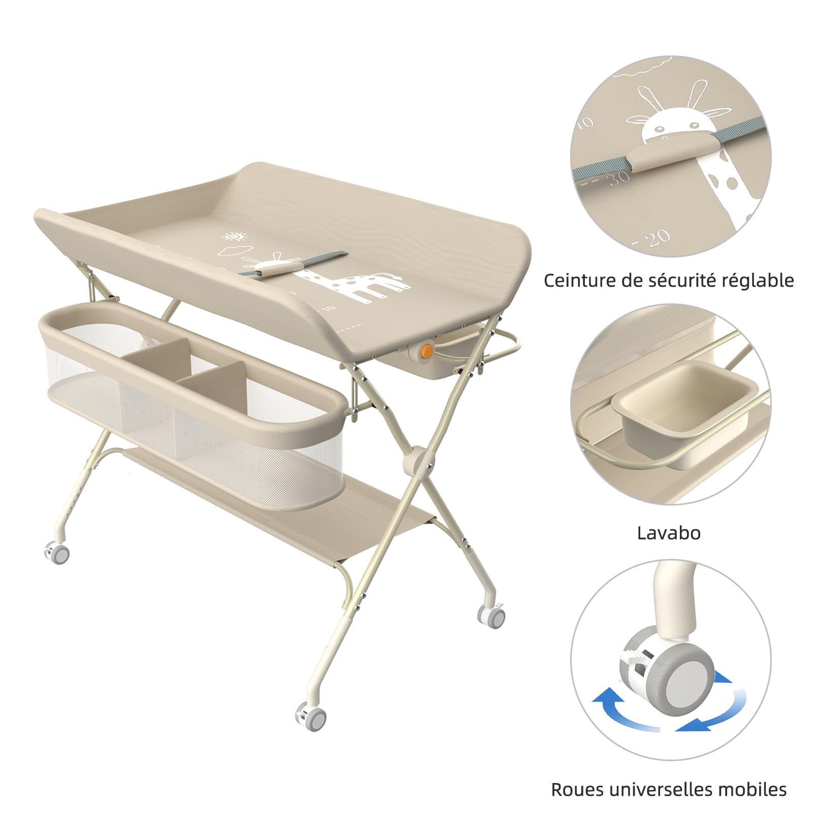 OHMG Fasciatoio pieghevole per Neonati, Tavolo Cambio Pannolini Multifunzionale Portatile, 0-36 Mesi, Organizer per Pannolini, Ruote a 360° Freno, Imbracatura e Protezione di Sicurezza, Lavabile