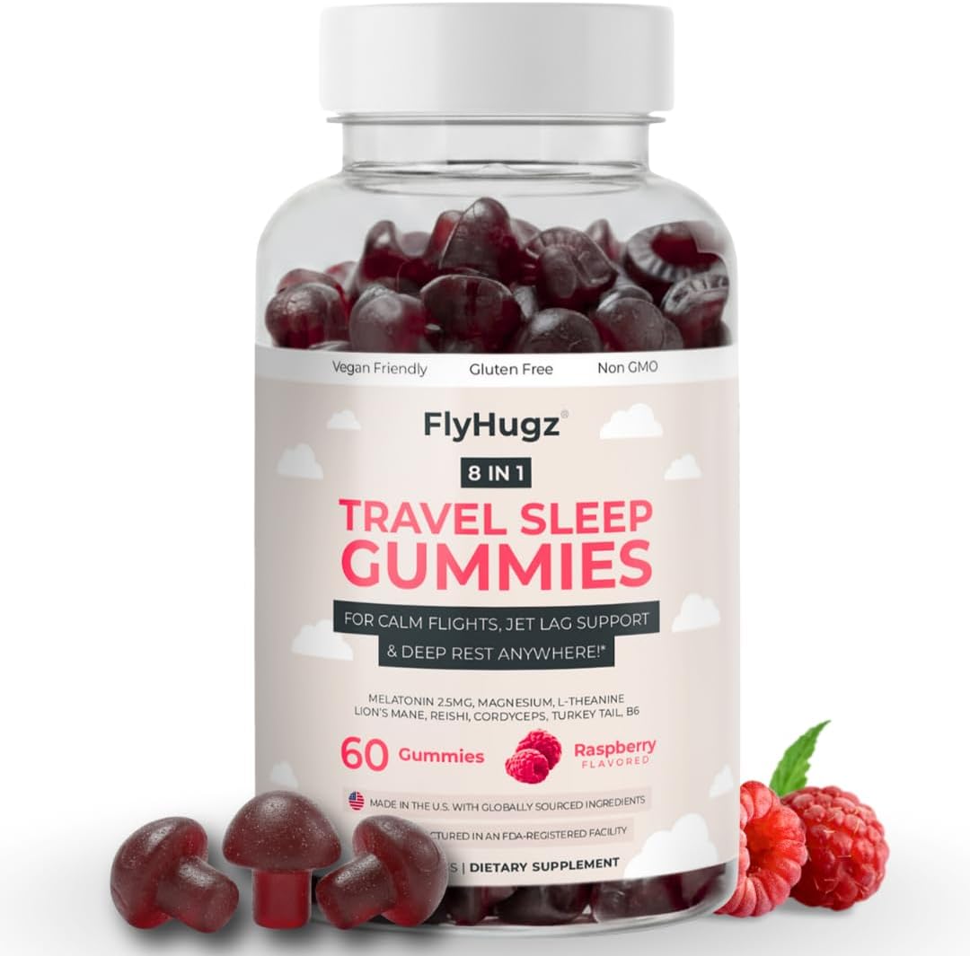 FlyHugz Travel Sleep Support Gummies for Adults with Melatonin L Theanine and Magnesium 60 Vegan Gummies 30 Day Supply Supports Relaxation Calm and Restful Sleep Raspberry Flavor