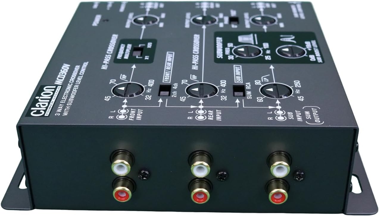 Rear view of Clarion MCD360V Electronic Crossover showing RCA input and output connections.