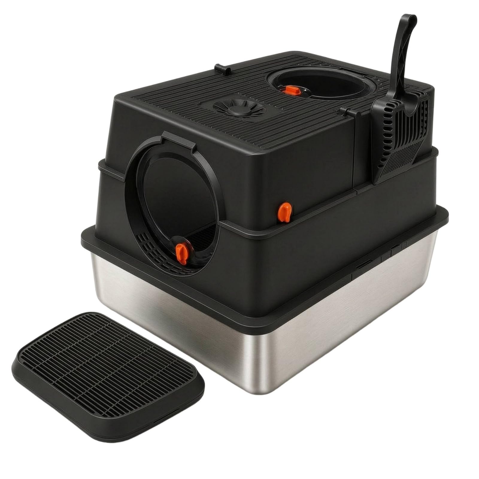 Caja de Arena para Gatos Contenedor Cerrado Arenero Bandeja en Acero Inoxidable con Dos Accesos y Superficie Estriada Reduce Rastros Incluye Removedor, Negro Grafito