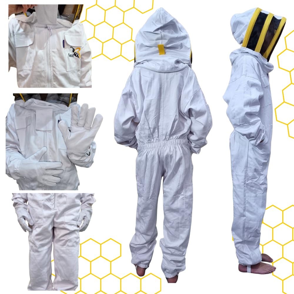 Best Bee Tuta da apicoltore per bambini (160 cm) in tessuto spesso e cotone di alta qualità, con cerniera robusta, guanti in pelle, tasche per abbigliamento anti-api, abbigliamento per apicoltura XS