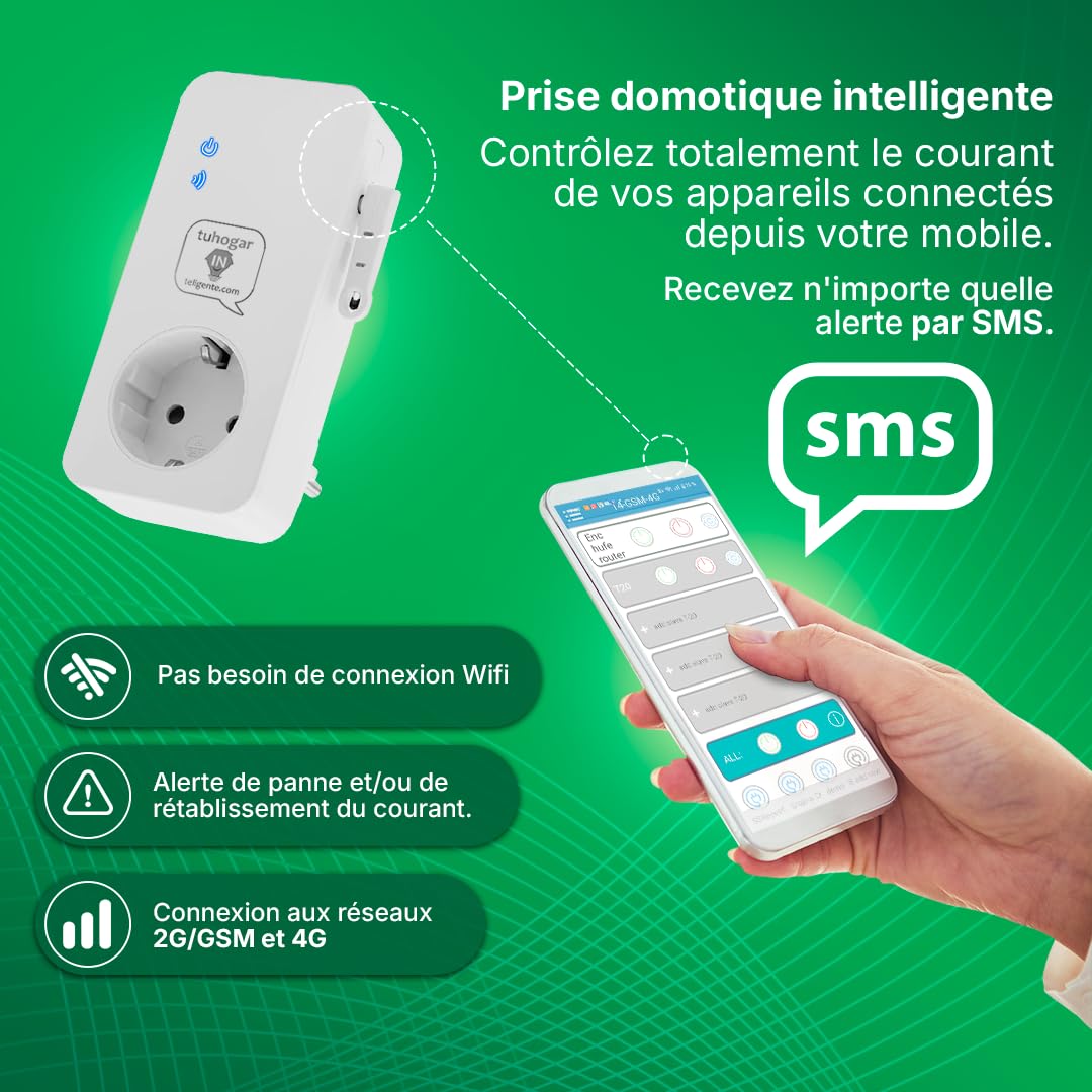 Prise Intelligente sans Internet/WiFi | Nécessite Carte SIM GSM/4G | Avec Capteur de Température et Contrôle à Distance via SMS, Appel ou APP | Notification Instantanée de Coupure