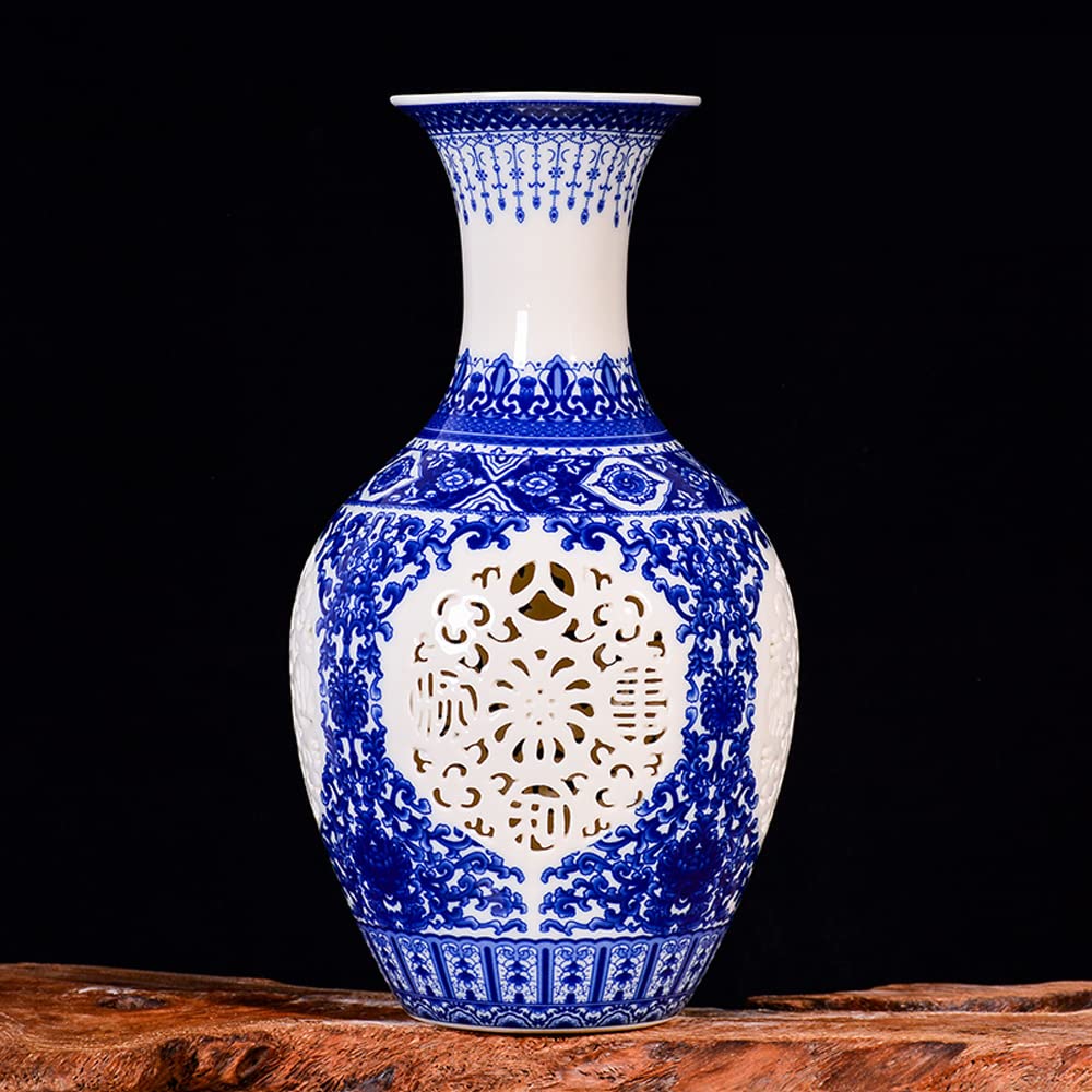 DFGHNBVC Chinoiserie Jingdezhen Porcelain Blue And White Porcelain Hollow Out Vase Flower Arrangement New Chinese Style Sitting Room Porch TV Ark Adornment Places,A