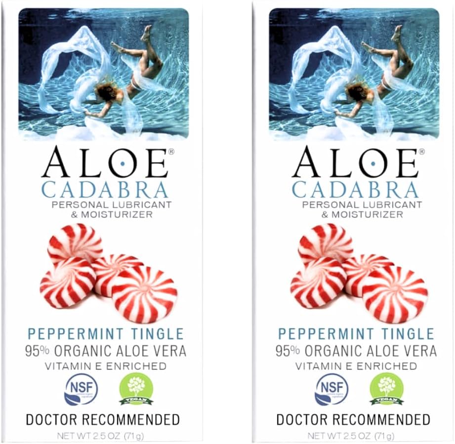 Aloe Cadabra Flavored Personal Lubricant & Vaginal Moisturizer, NSF Certified Organic Edible Aloe Lube for Men, Women & Couples, Non-Staining, pH Balanced, Toy Compatible (Peppermint, 2.5oz, 2 Pack) | Peppermint Tingle (2.5 Fl Oz - 2 Pack) NSF Certified, Aloe Lube for Men, Women & Couples, pH Balanced, Toy Compatible