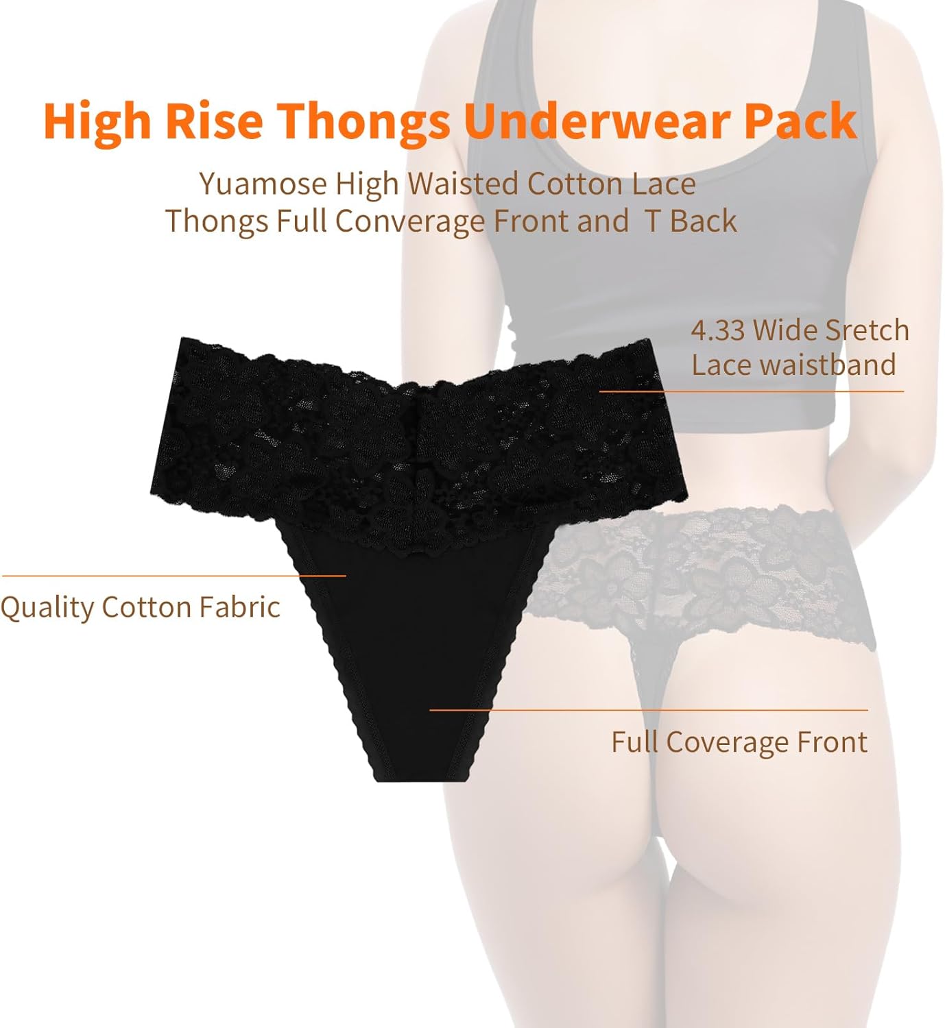 High Waist Lace Thongs For Women Plus Size Wide Gusset Underwear High Rise Panties Cotton Thong For Women Pack 3/6 - Image 4