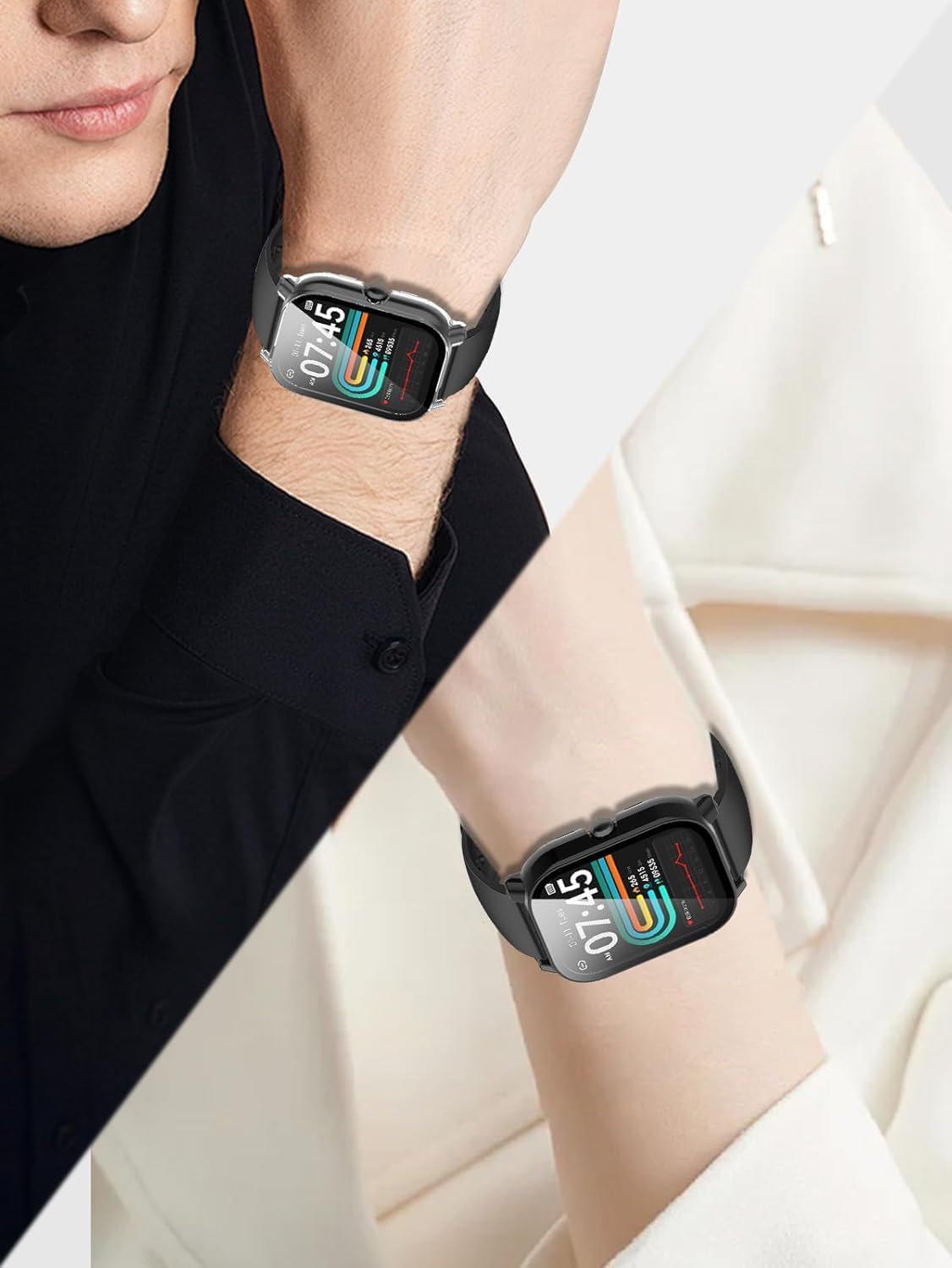 NOUKAJU 2pack Case for P66D/P66E Smartwatch 1.85inch, Protective Cover Smart Watch,Built-in 9H Tempered Glass Film Hard PC Bumper,Screen Protector for P66D/P66E Watch(Black+Clear)