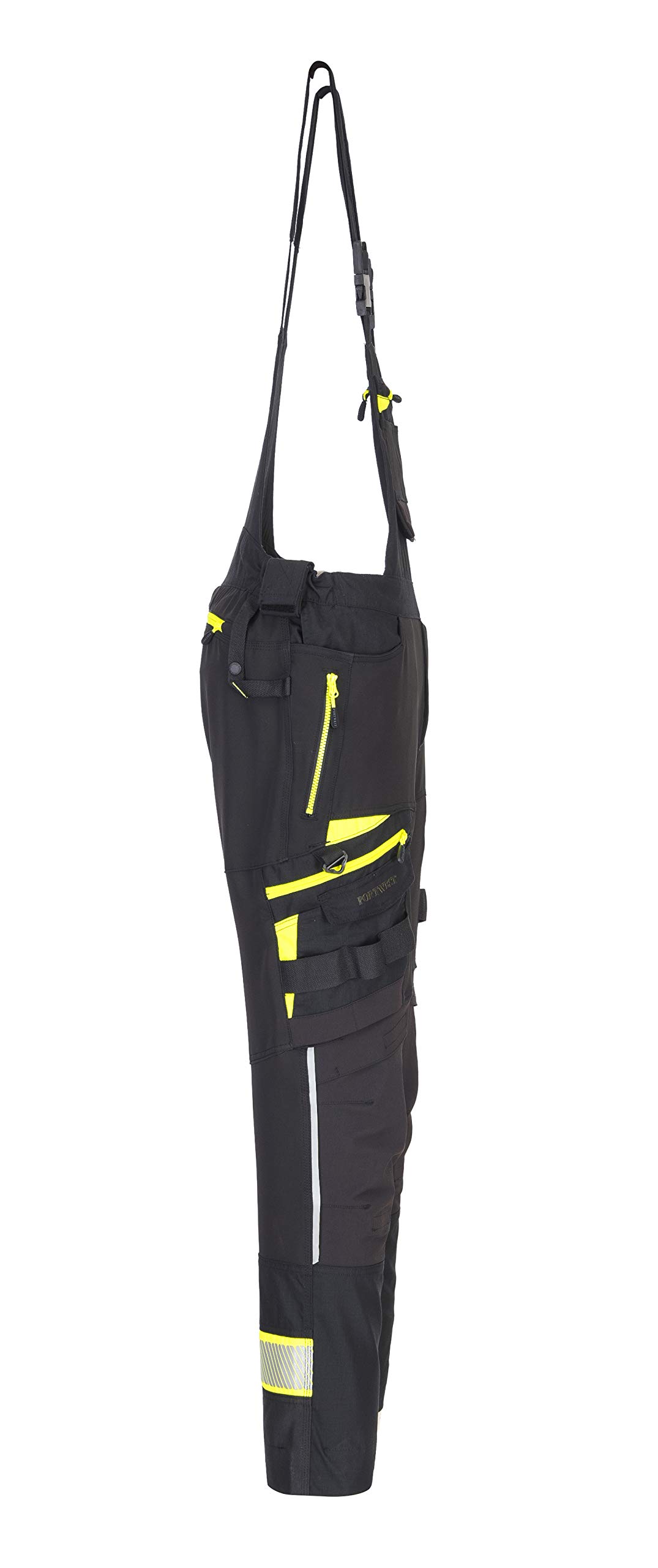 Portwest DX441 Salopette DX4 per Uomo Tessuto Stretch 4 Vie 14 Tasche Ampie | Nero, L, UPF 40+, EN 14404 Tipo 2 Livello 0, Chiusura a Bottone e Zip, Stampa Riflettente, Taschino Sul Petto, Poliestere