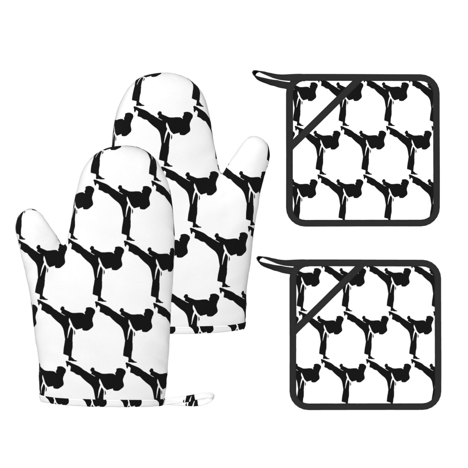 karate-highkick-icon Printed Pot Holders and Oven Mitts 4-Piece, Non-Slip Kitchen Gloves with Utensil Pocket for BBQ